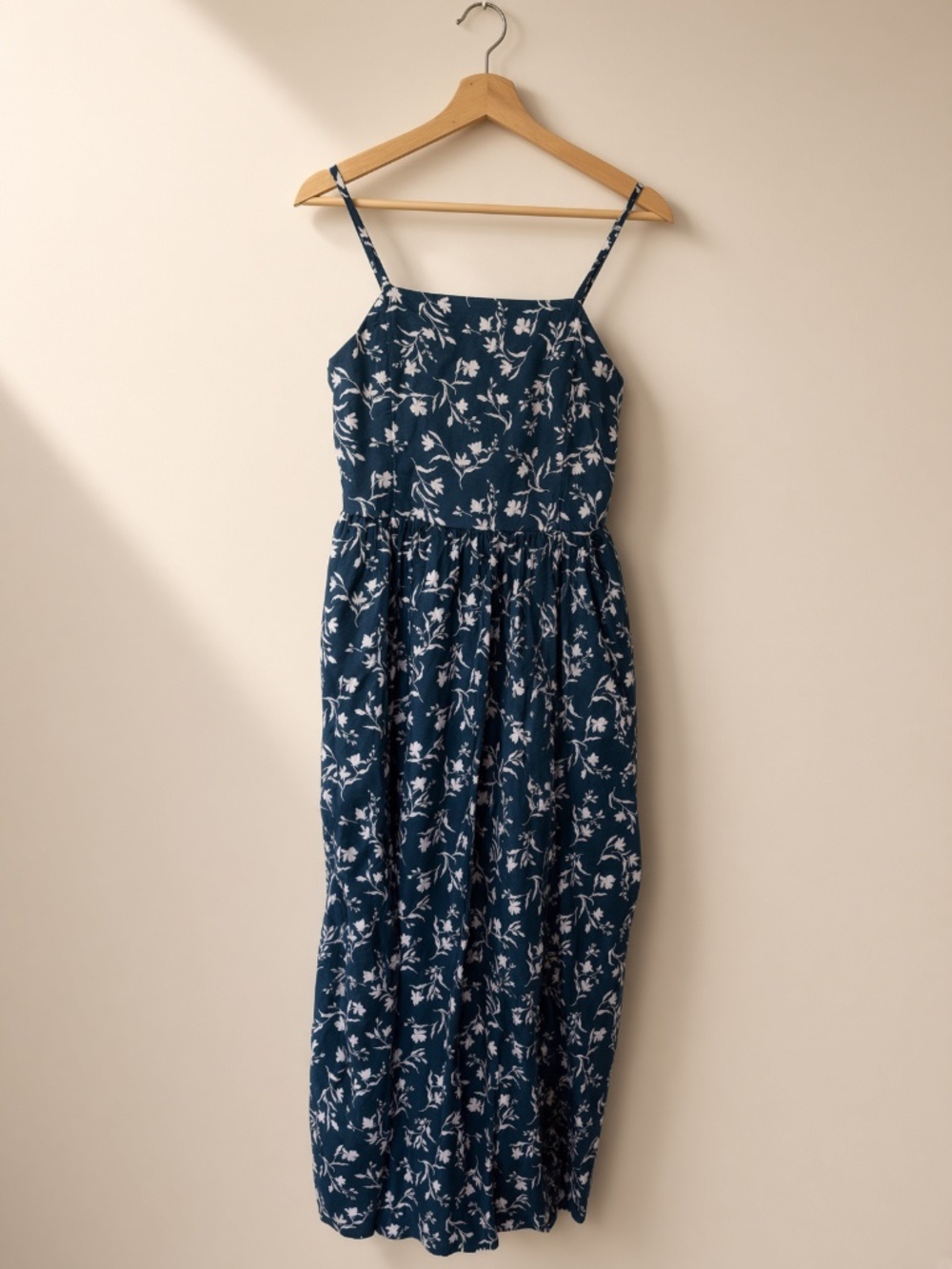Blue-green floral spaghetti-strap midi dress